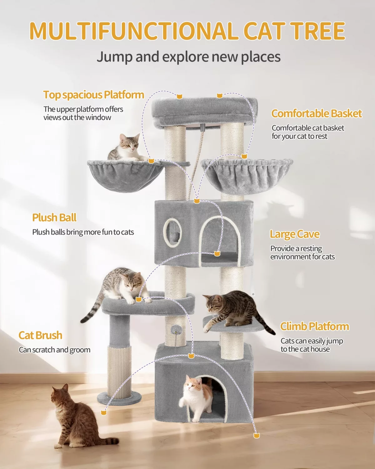 Arbre à chat beige avec deux grottes