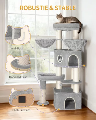 Arbre à chat beige avec deux grottes – image 2