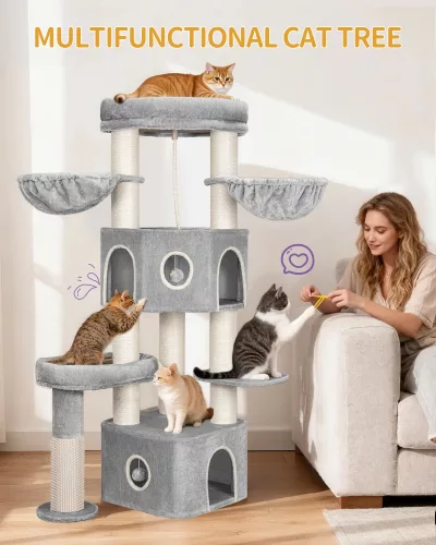 Arbre à chat beige avec deux grottes – image 3