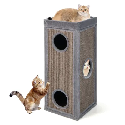Arbre à chat gris à 4 niveaux avec 3 niches