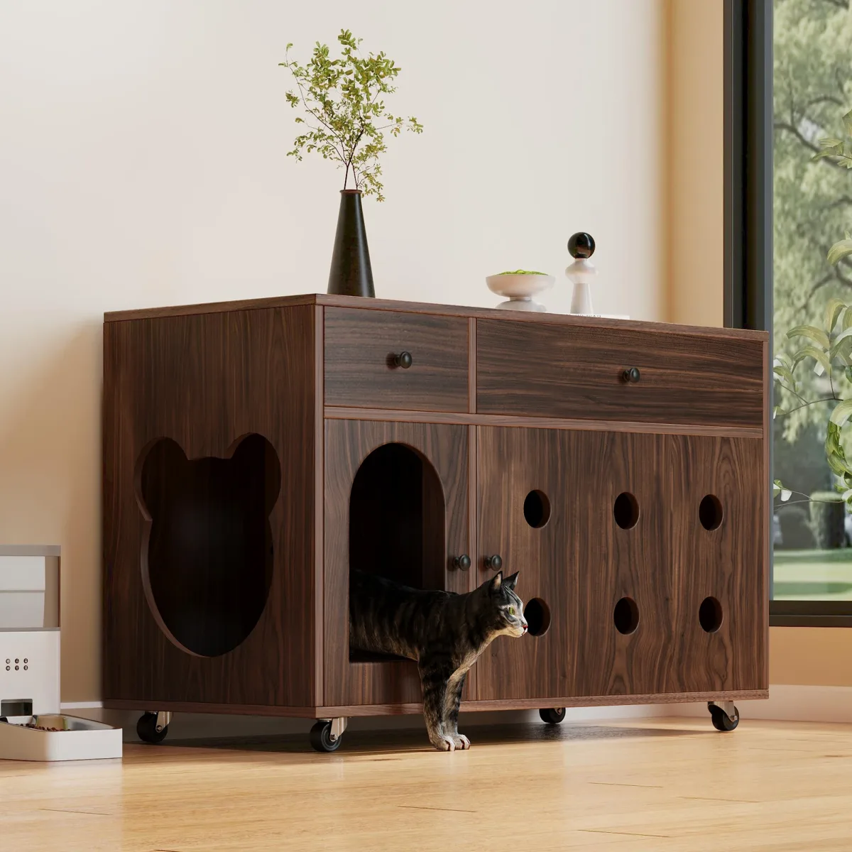 Armoire à litière pour chat sur roulettes