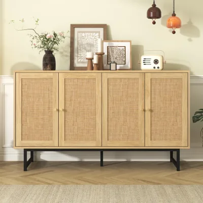 Buffet 4 portes rotin tressé, pieds noirs