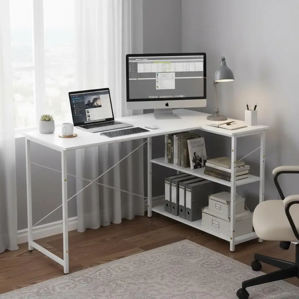Bureau d'angle en L blanc avec étagères