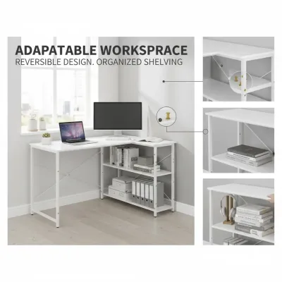 Bureau d'angle en L blanc avec étagères – image 2