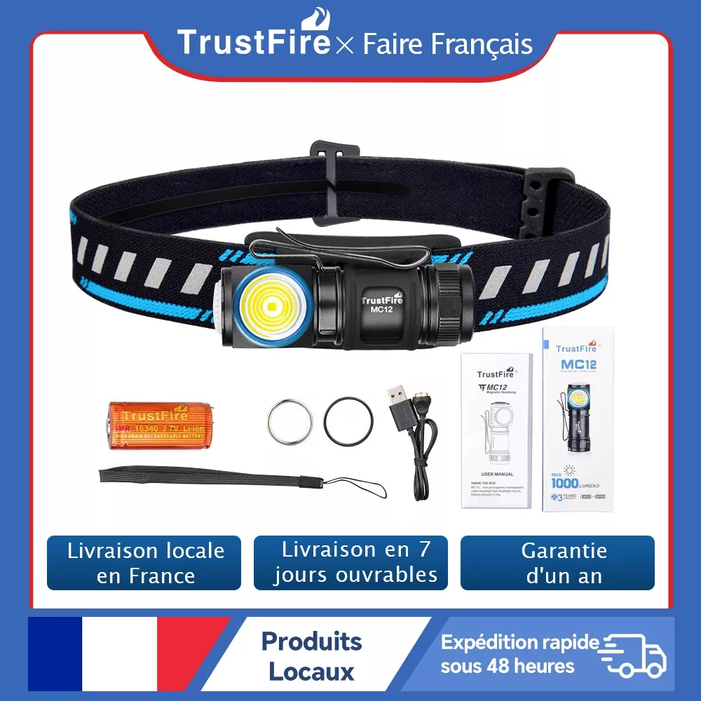 Lampe frontale rechargeable magnétique LED