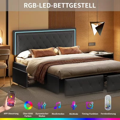 Lit rembourré avec 4 tiroirs et éclairage LED – image 3