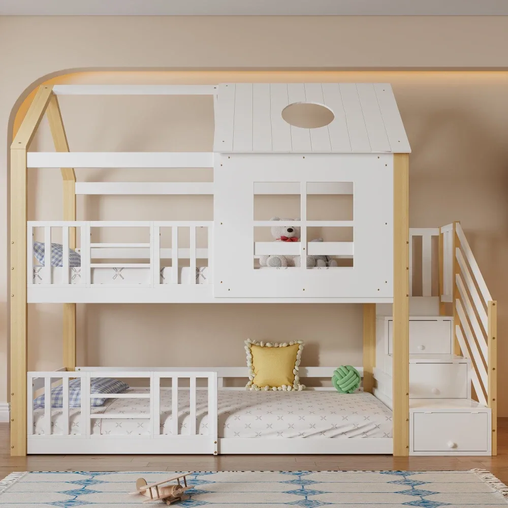 Lit superposé maison en pin et MDF, blanc