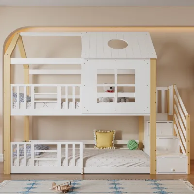Lit superposé maison en pin et MDF, blanc