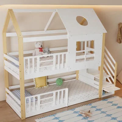 Lit superposé maison en pin et MDF, blanc – image 2