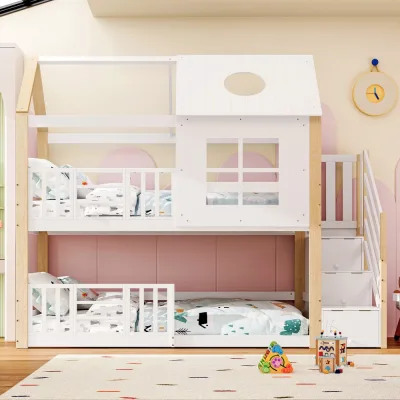 Lit superposé maison en pin et MDF, blanc – image 3
