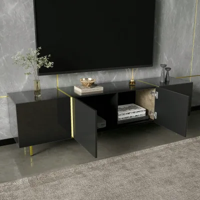 Meuble TV bas noir brillant à 4 portes – image 2
