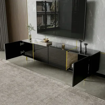 Meuble TV bas noir brillant à 4 portes – image 3