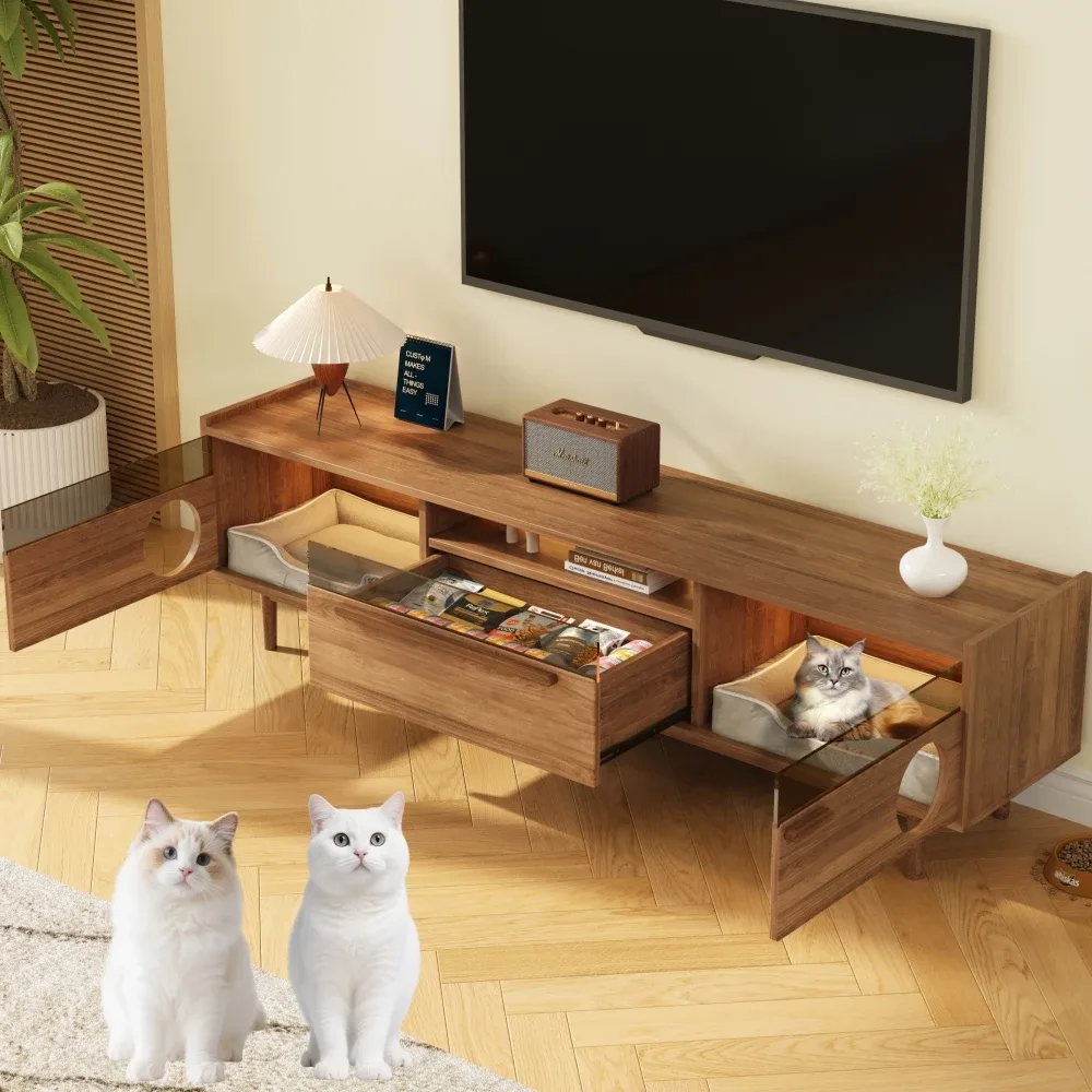 Meuble TV noyer avec niche pour chat et LED