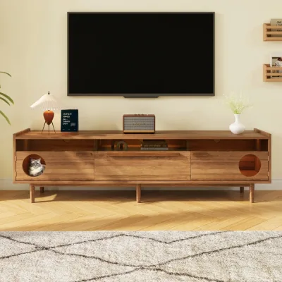Meuble TV noyer avec niche pour chat et LED – image 2