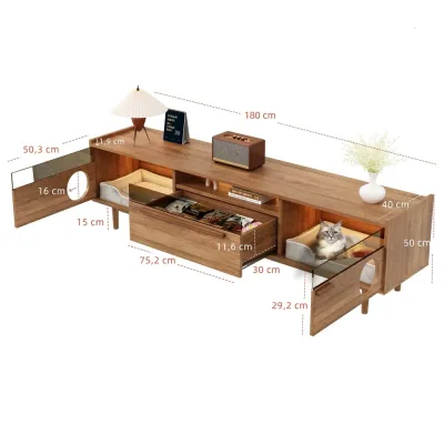 Meuble TV noyer avec niche pour chat et LED – image 3