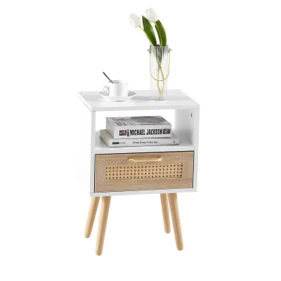 Table d'appoint en rotin blanche avec tiroir – image 2