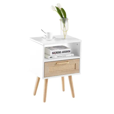 Table d'appoint en rotin blanche avec tiroir – image 3